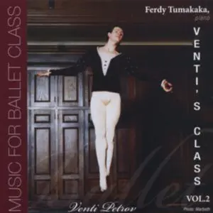 A person in ballet attire is captured mid-jump with arms outstretched. The text on the image states: "Music for Ballet Class, Ferdy Tumakaka, Venti's Class Volume 2, Venti Petrov.