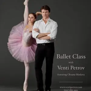Ballet teacher and student posing for a class advertisement.