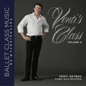 Venti Petrov in a poised ballet pose, dressed in white and black.