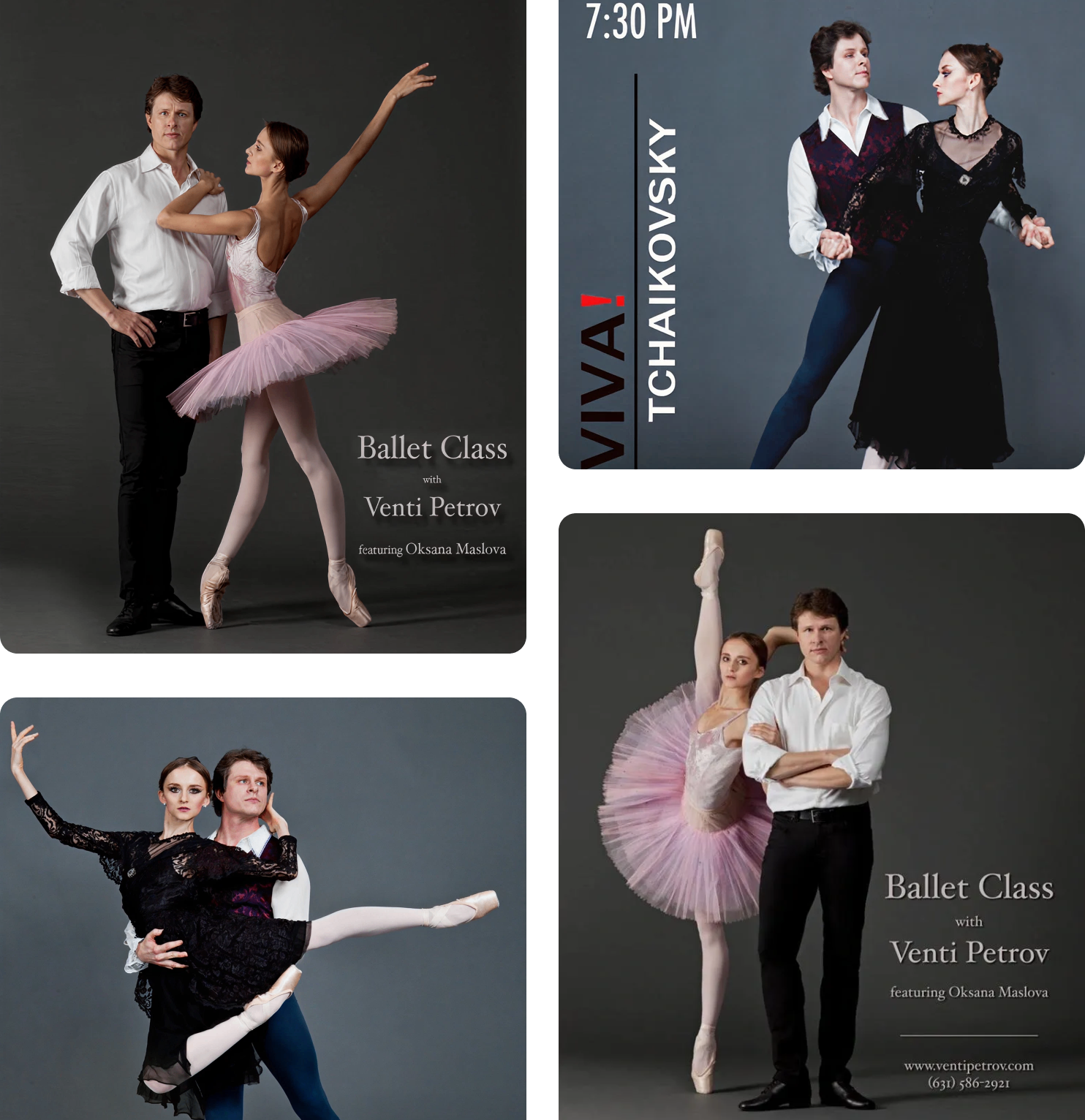 Ballet dancers performing elegant poses in various duets.